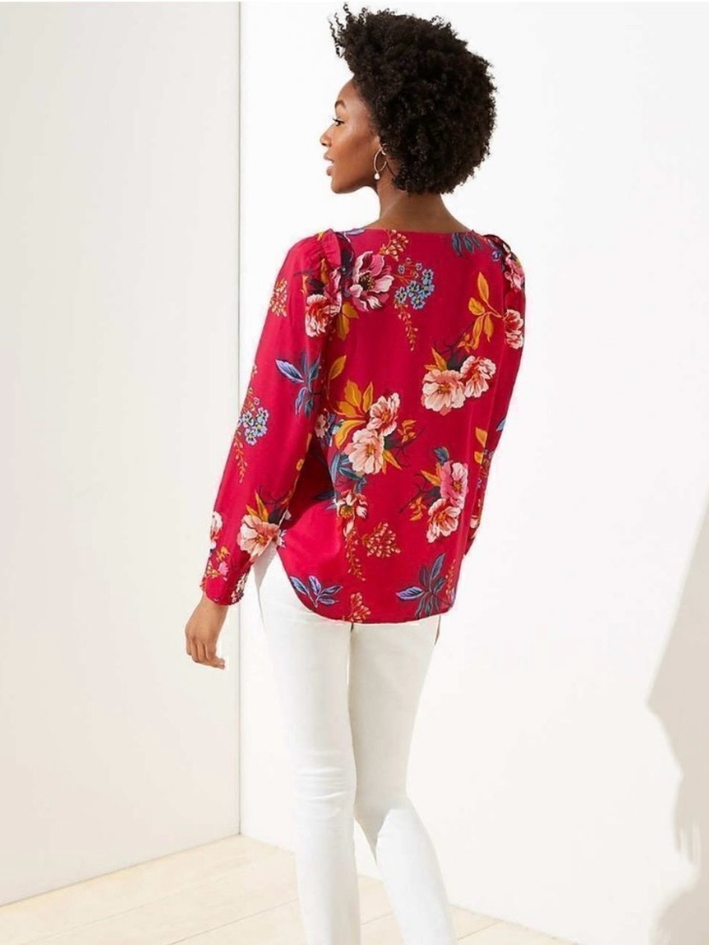 LOFT Pink Floral Print Blouse with Ruffle Smocked Long Sleeves